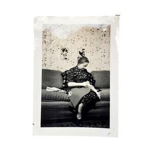 Vtg Lady Sewing Blurry Original Monochrome Photography Found Snapshot Portrait